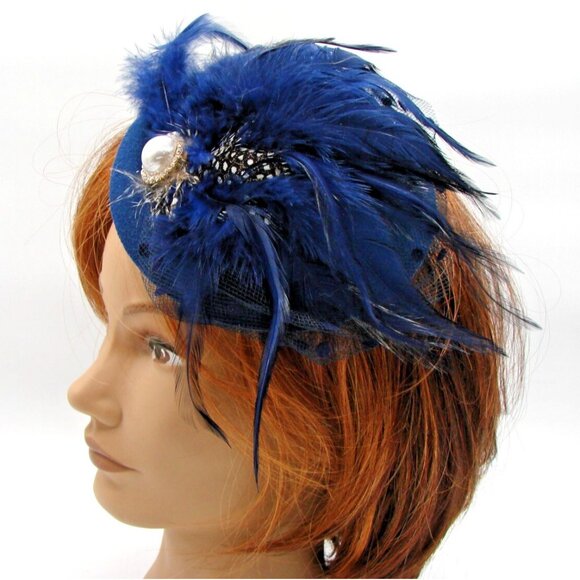 Vintage Womens Pillbox Hat Fascinators White Pearl Feathers Mesh Veil Party Clip - Picture 3 of 13